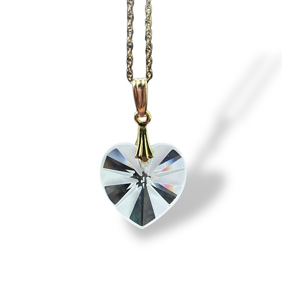 Jewelry - Gold Filled Frosted Crystal Heart Necklace – Faceted Starburst Prism Pendant 18”